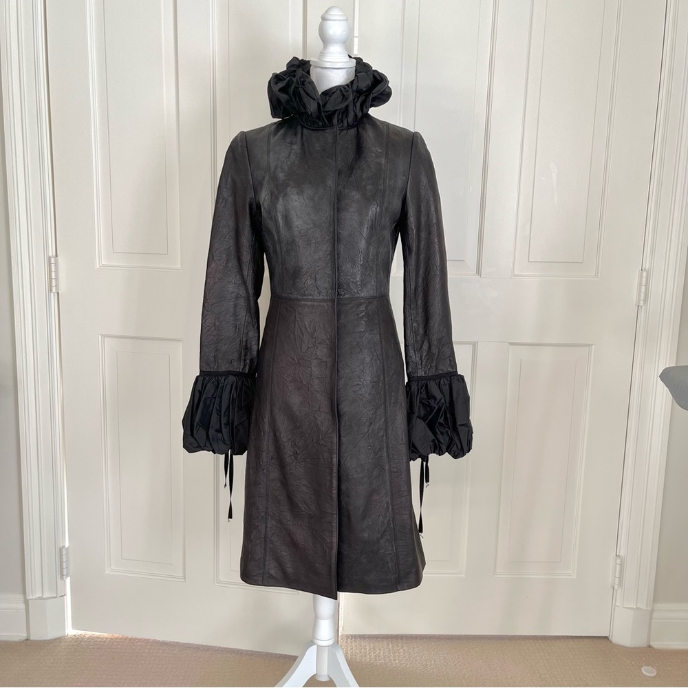 Thomas Wylde black lamb leather long coat with silk ruffle trim 4